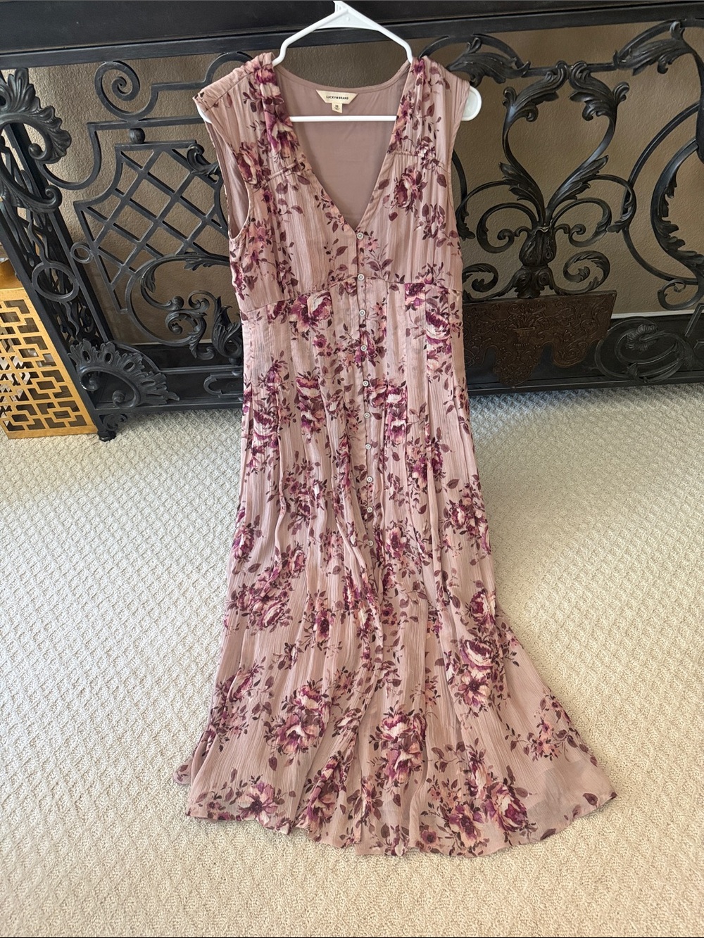 Lucky Brand Mauve Floral V-Neck Pleated Maxi Dress
